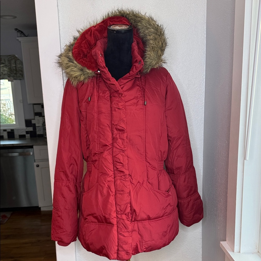 CJ Banks Red Faux Fur Hood Puffer Jacket size 1X Winter Coat